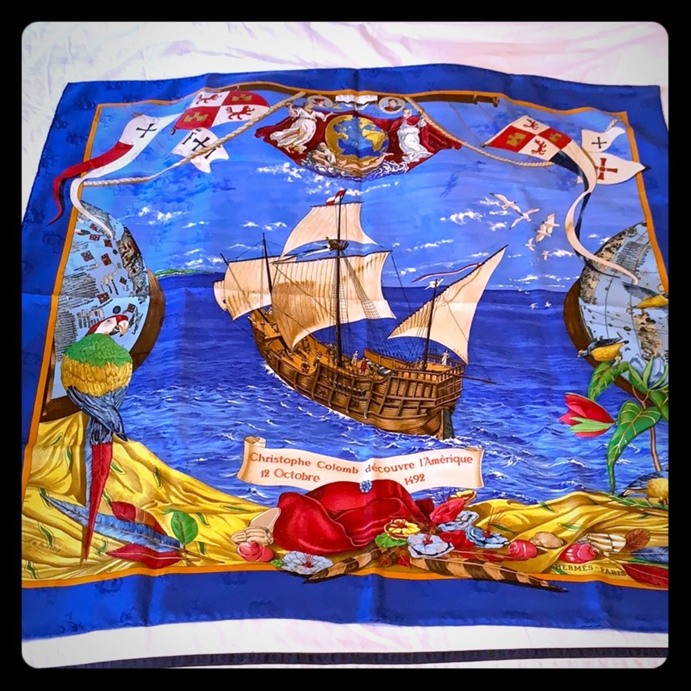 Rare Hermès jacquard silk scarf 90cm carré Blue